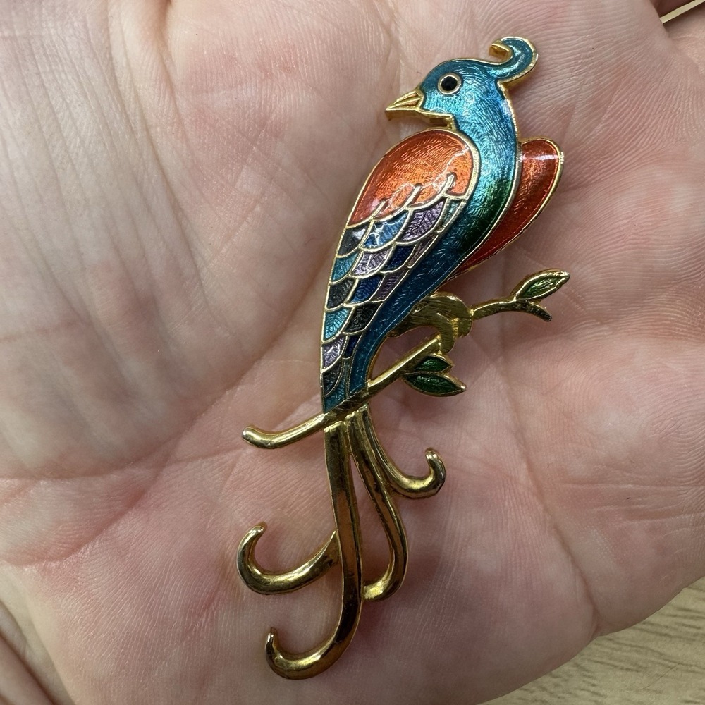 Vintage Cloisonne Multi Colored Enamel Bird Gold Tone Brooch Pheasant
